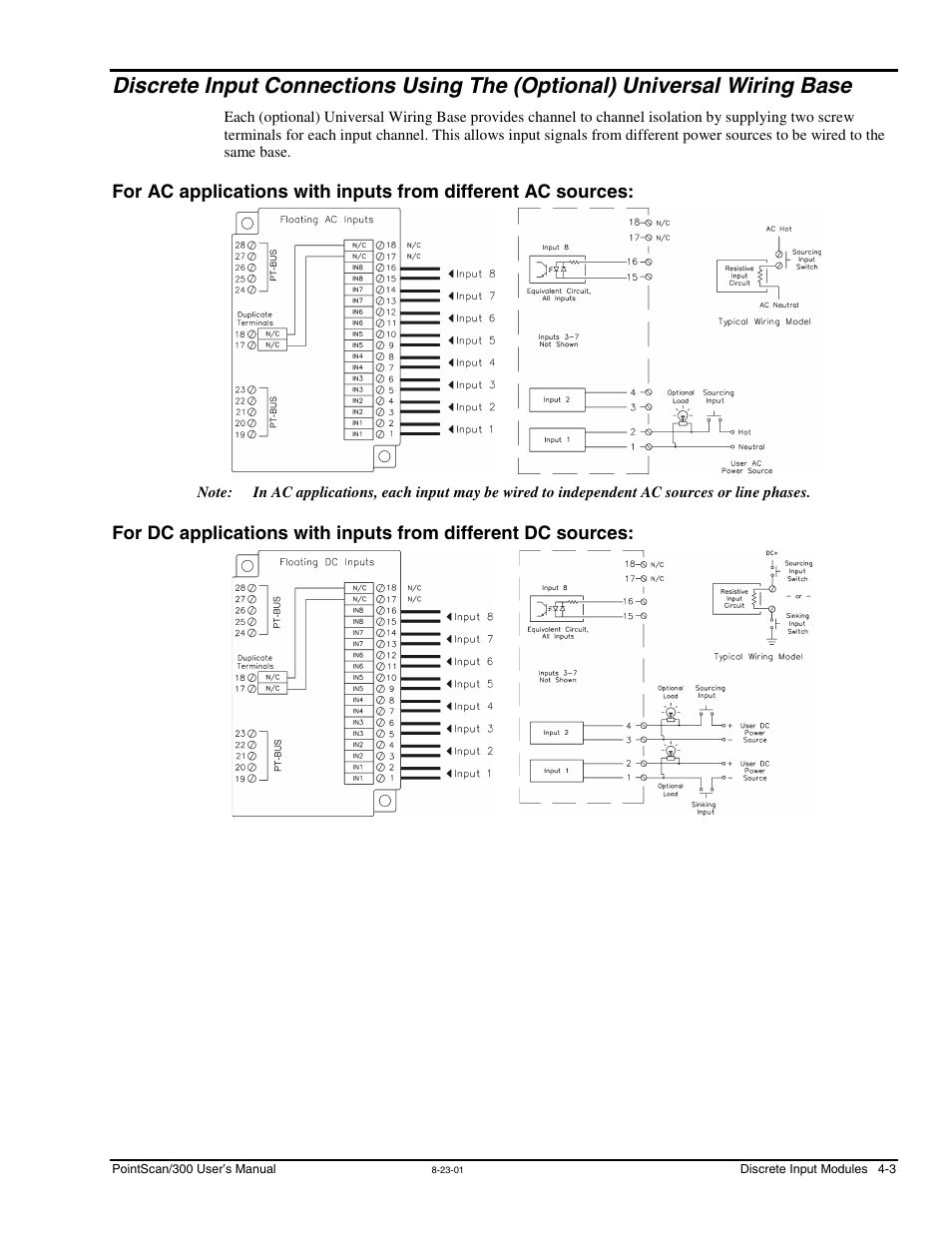 Discrete input connections using the, Standard base -2, Optional) universal wiring base -3 | For ac applications with inputs from different ac, Sources: -3, For dc applications with inputs from different dc | Measurement Computing PointScan 300 Series rev.1.0 User Manual | Page 19 / 42