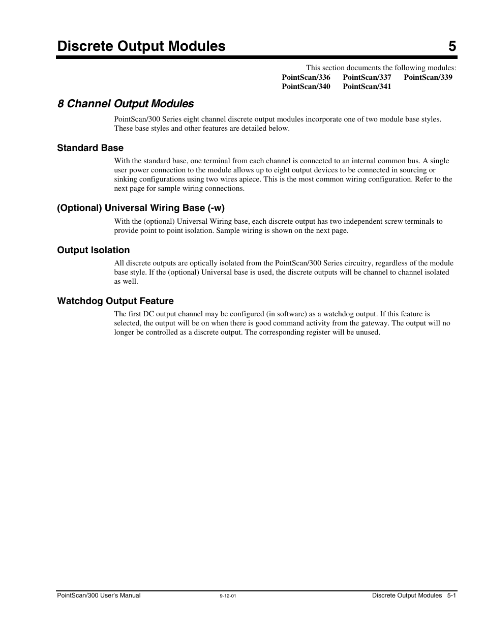 Ch 5 - discrete output modules, 8 channel output modules, Standard base | Optional) universal wiring base, Output isolation, Watchdog output feature, 5 - discrete output modules, 8 channel output modules -1, Discrete output modules 5 | Measurement Computing PointScan 300 Series rev.1.0 User Manual | Page 23 / 42