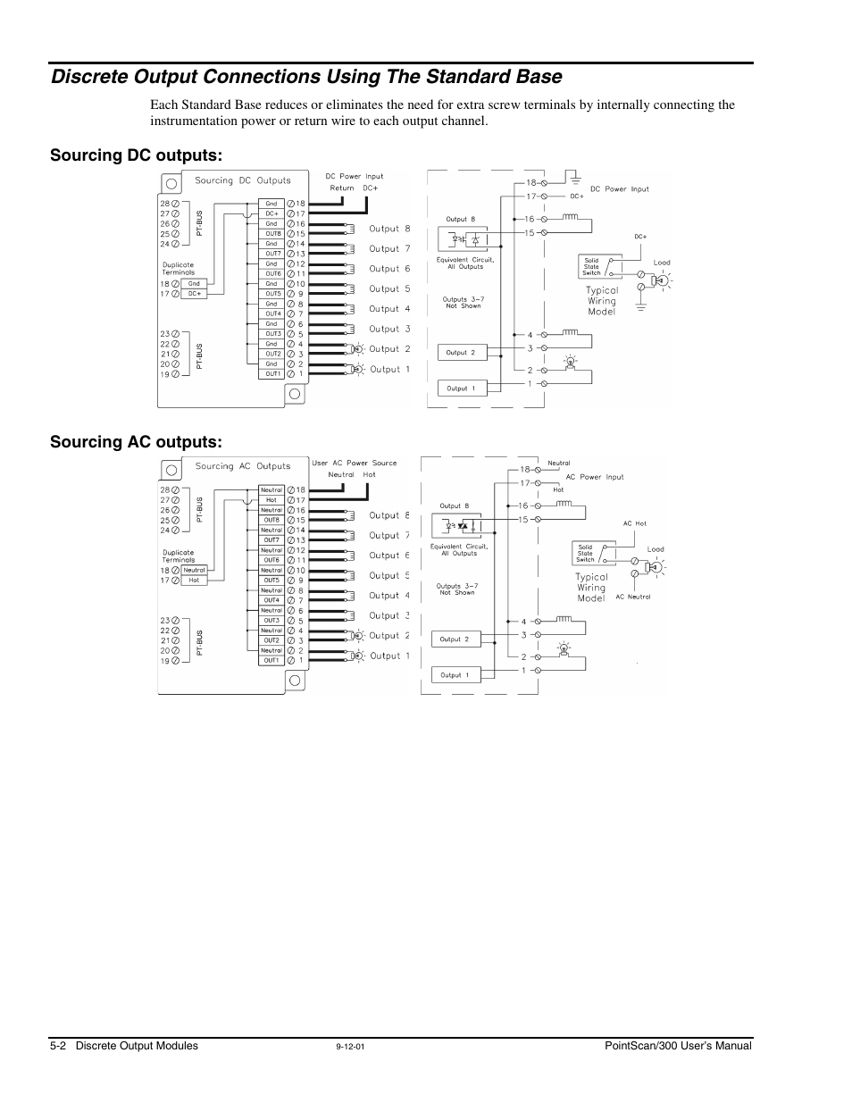 Sourcing dc outputs, Sourcing ac outputs, Discrete output connections using the | Standard base -2, Sourcing dc outputs: -2 sourcing ac outputs: -2 | Measurement Computing PointScan 300 Series rev.1.0 User Manual | Page 24 / 42