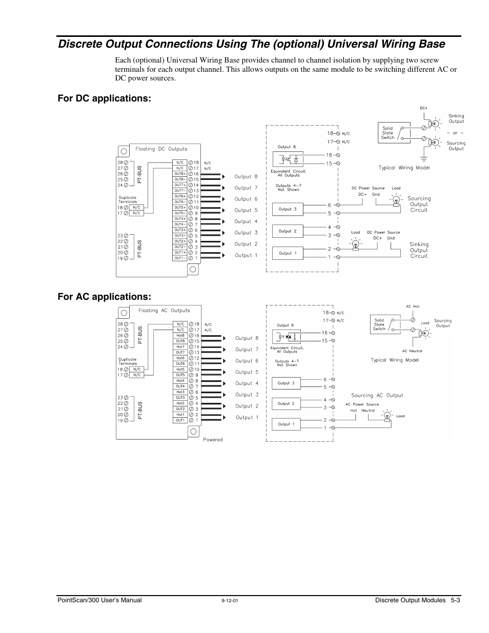 For dc applications, For ac applications, Discrete output connections using the | Optional) universal wiring base -3, For dc applications: -3 for ac applications: -3 | Measurement Computing PointScan 300 Series rev.1.0 User Manual | Page 25 / 42