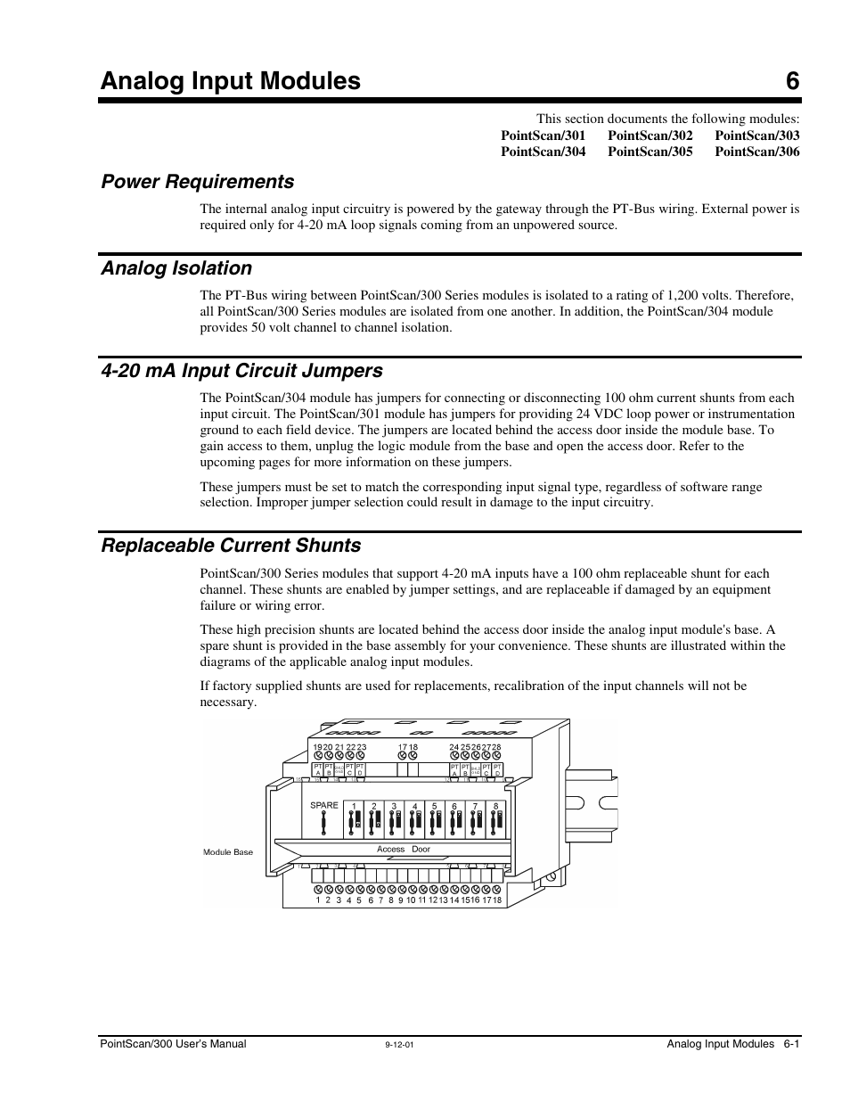 Ch 6 - analog input modules, Power requirements, Analog isolation | 20 ma input circuit jumpers, Replaceable current shunts, 6 - analog input modules, Analog input modules 6 | Measurement Computing PointScan 300 Series rev.1.0 User Manual | Page 29 / 42
