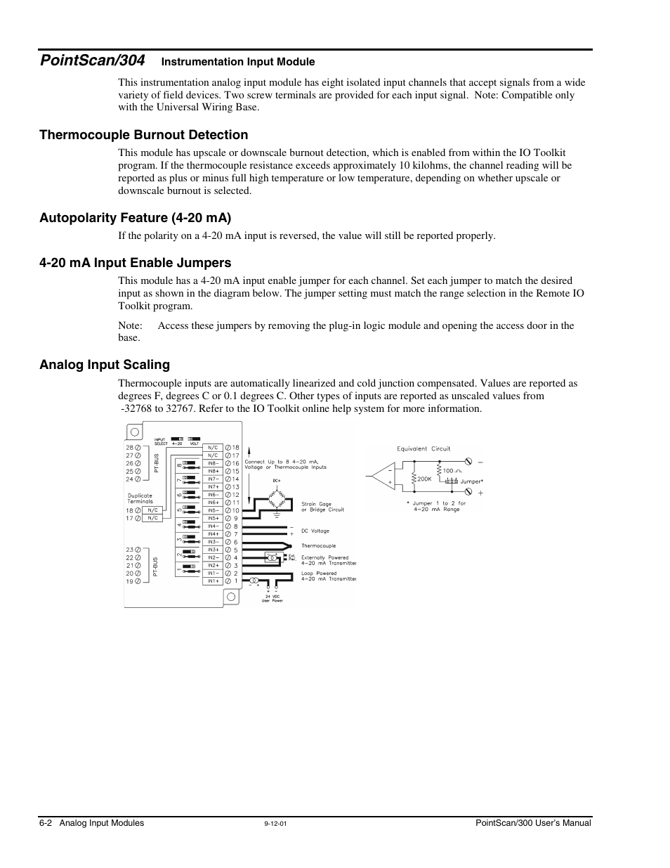 Pointscan/304, Thermocouple burnout detection, Autopolarity feature (4-20 ma) | 20 ma input enable jumpers, Analog input scaling, Instrumentation input, Module | Measurement Computing PointScan 300 Series rev.1.0 User Manual | Page 30 / 42