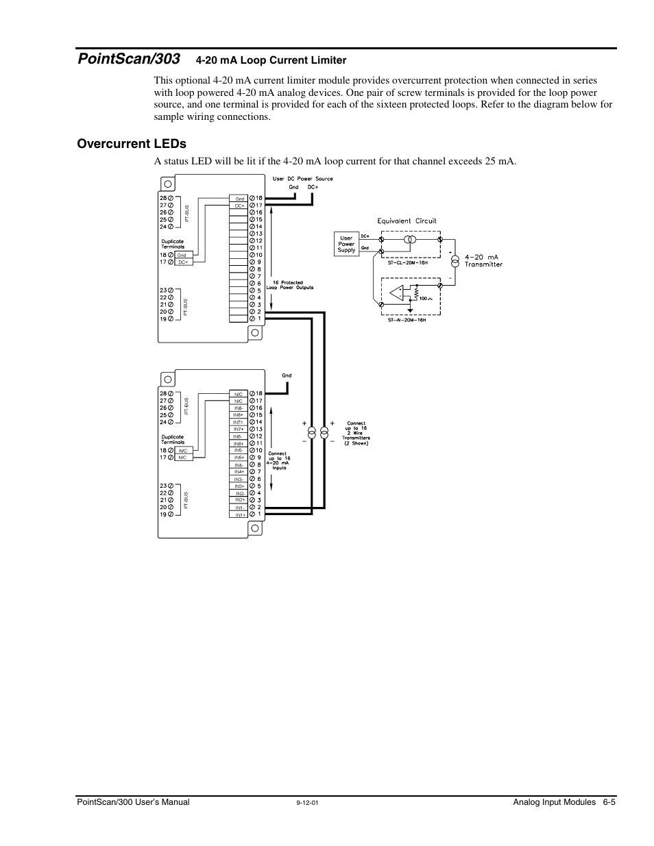 Pointscan/303, Overcurrent leds, 20 ma loop current | Limiter, Overcurrent leds -5 | Measurement Computing PointScan 300 Series rev.1.0 User Manual | Page 33 / 42