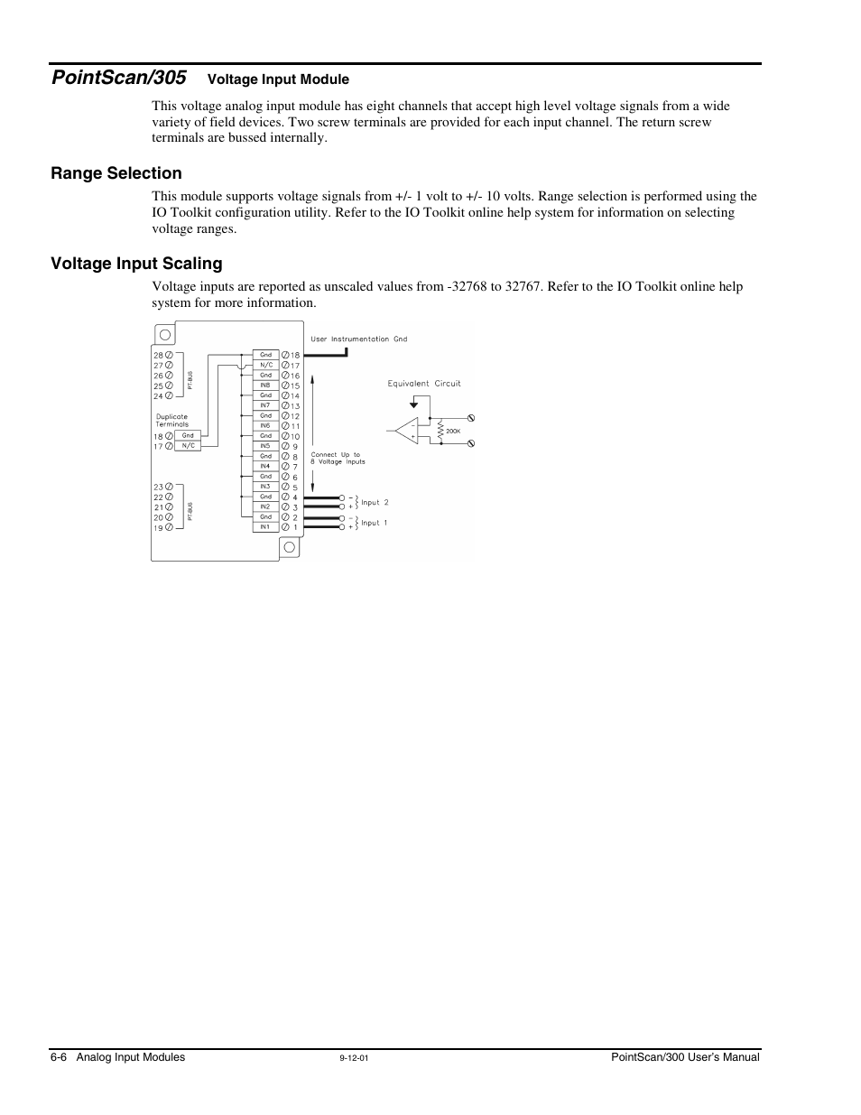 Pointscan/305, Range selection, Voltage input scaling | Voltage input module, Range selection -6 voltage input scaling -6 | Measurement Computing PointScan 300 Series rev.1.0 User Manual | Page 34 / 42