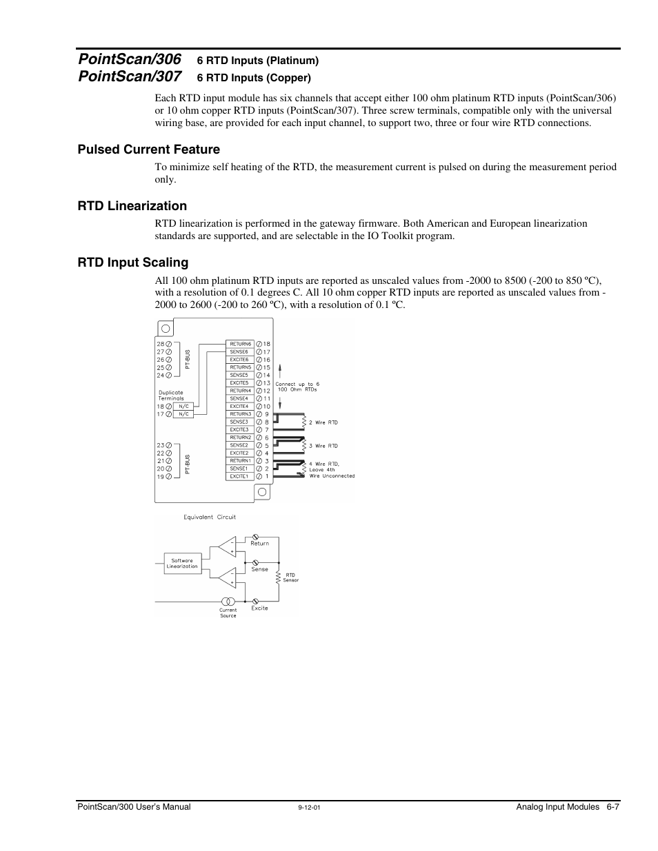 Pointscan/306 & pointscan/307, Pulsed current feature, Rtd linearization | Rtd input scaling, Pointscan/306, 6 rtd inputs, Platinum), Pointscan/307, 6 rtd inputs (copper | Measurement Computing PointScan 300 Series rev.1.0 User Manual | Page 35 / 42