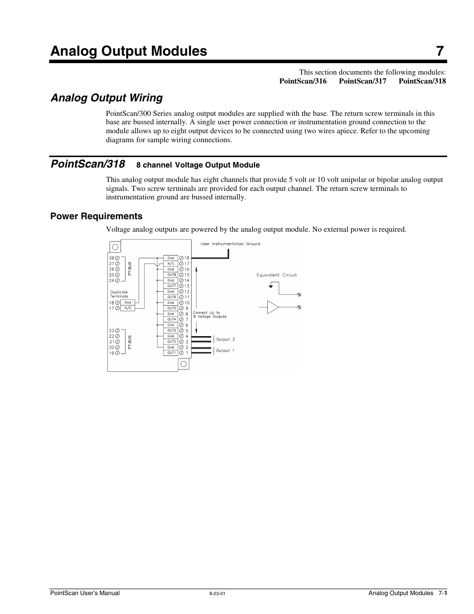 Ch 7 - analog output modules, Analog output wiring, Pointscan/318 | Power requirements, 7 – analog output modules, Analog output wiring …… 7-1 pointscan/318, 8 channel voltage output, Module …… 7-1, Power requirements …… 7-1, Analog output modules 7 | Measurement Computing PointScan 300 Series rev.1.0 User Manual | Page 37 / 42