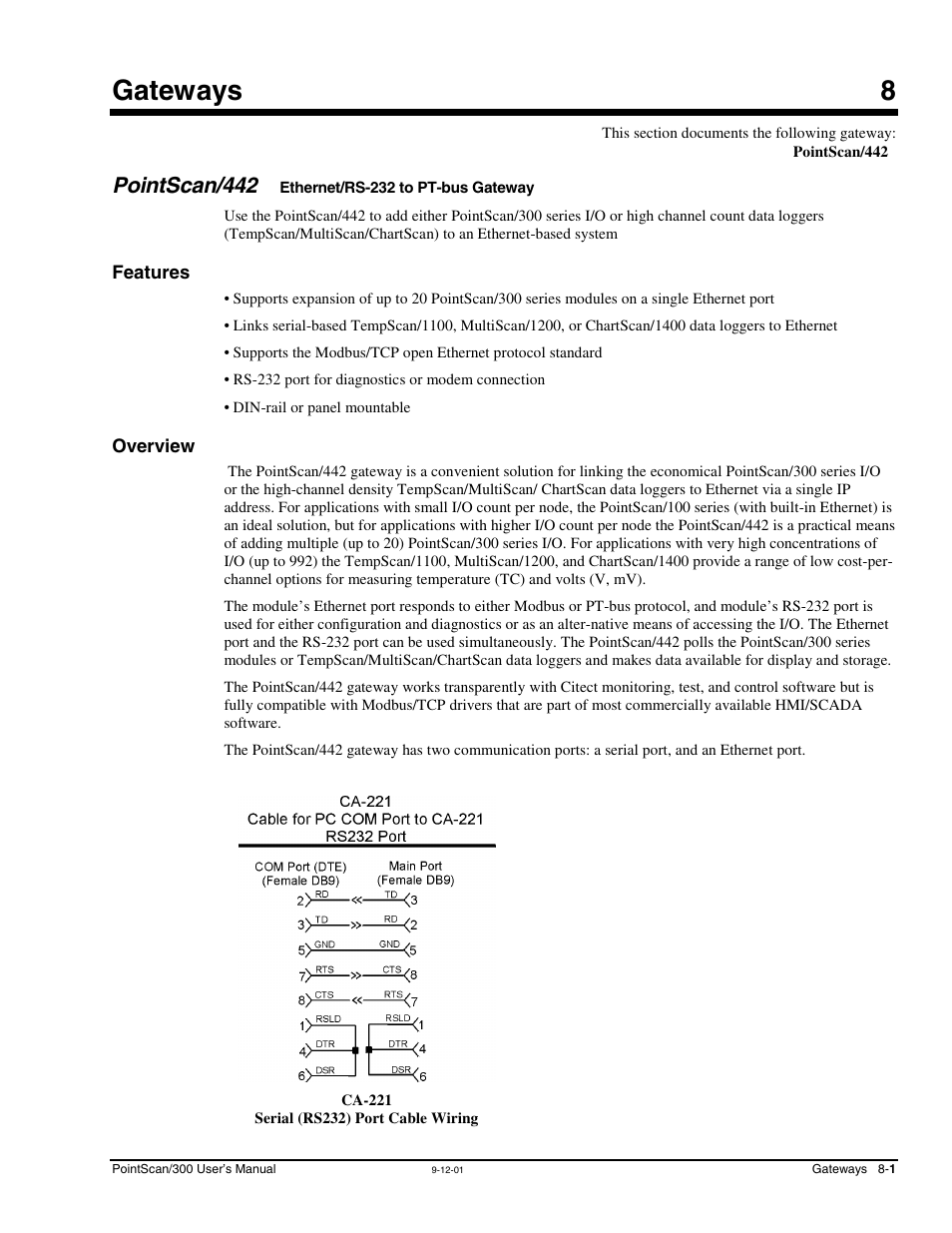 Ch 8 - gateways, Pointscan/442, Features | Overview, 8 - gateways, Ethernet/rs-232 to pt-bus, Gateway, Features …… 8-1 overview …… 8-1, Gateways 8 | Measurement Computing PointScan 300 Series rev.1.0 User Manual | Page 39 / 42