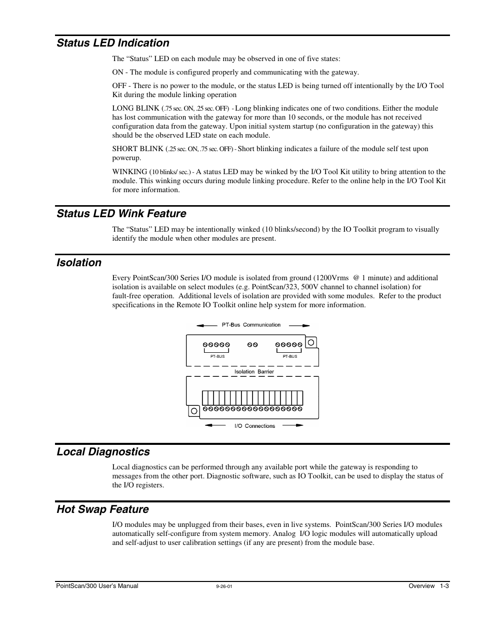 Status led indication, Status led wink feature, Isolation | Local diagnostics, Hot swap feature | Measurement Computing PointScan 300 Series rev.1.0 User Manual | Page 9 / 42