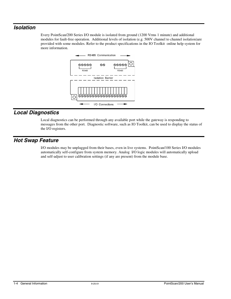 Isolation, Local diagnostics, Hot swap feature | Measurement Computing PointScan 200 Series rev.1.0 User Manual | Page 10 / 36