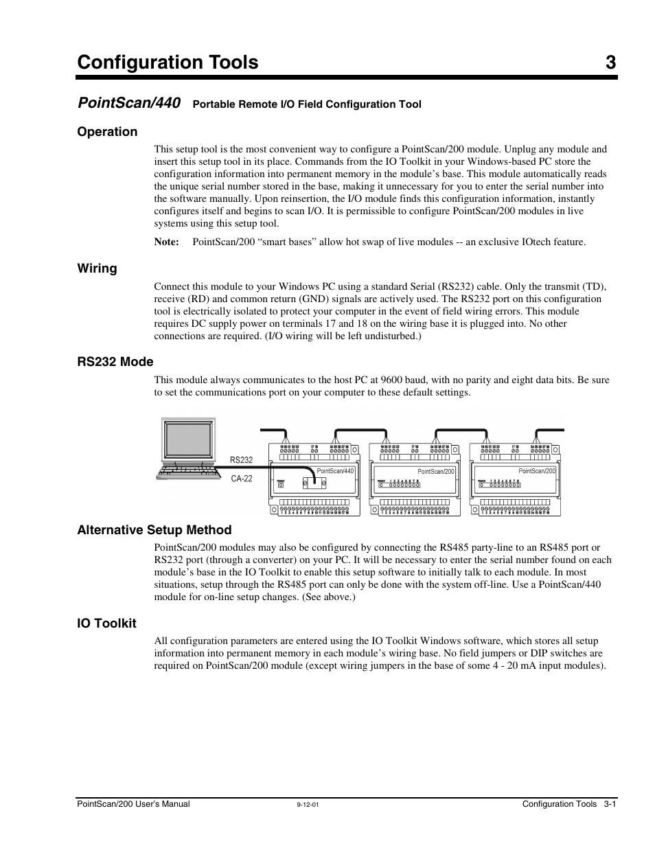 Ch 3 - configuration tools, Pointscan/440, Operation | Wiring, Rs232 mode, Alternative setup method, Io toolkit, 3 - configuration tools, Portable remote i/o field, Configuration tool | Measurement Computing PointScan 200 Series rev.1.0 User Manual | Page 17 / 36