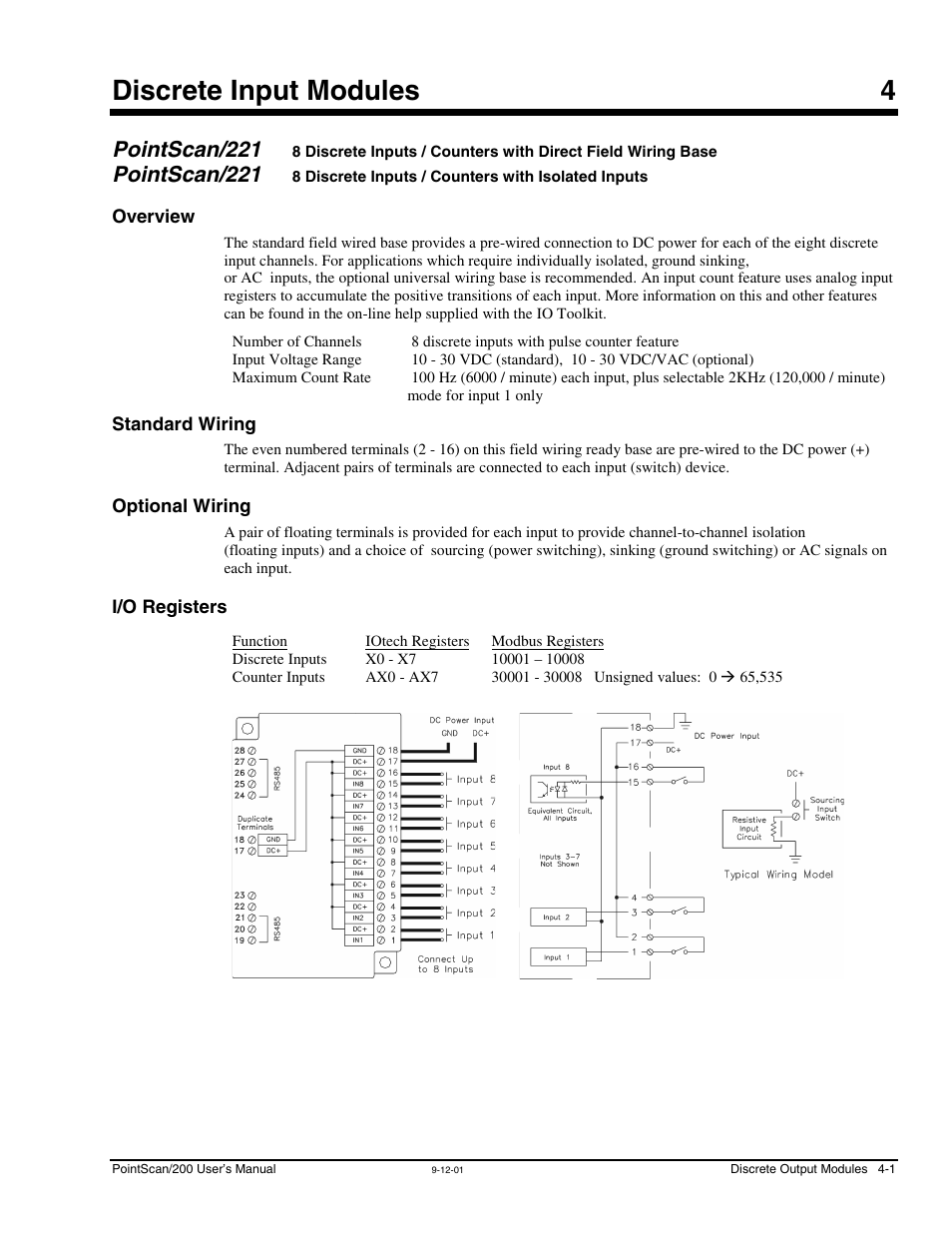 Ch 4 - discrete input modules, Pointscan/221, Overview | Standard wiring, Optional wiring, I/o registers, 4 - discrete input modules, 8 discrete inputs / counters, With direct field wiring base, With isolated inputs | Measurement Computing PointScan 200 Series rev.1.0 User Manual | Page 19 / 36