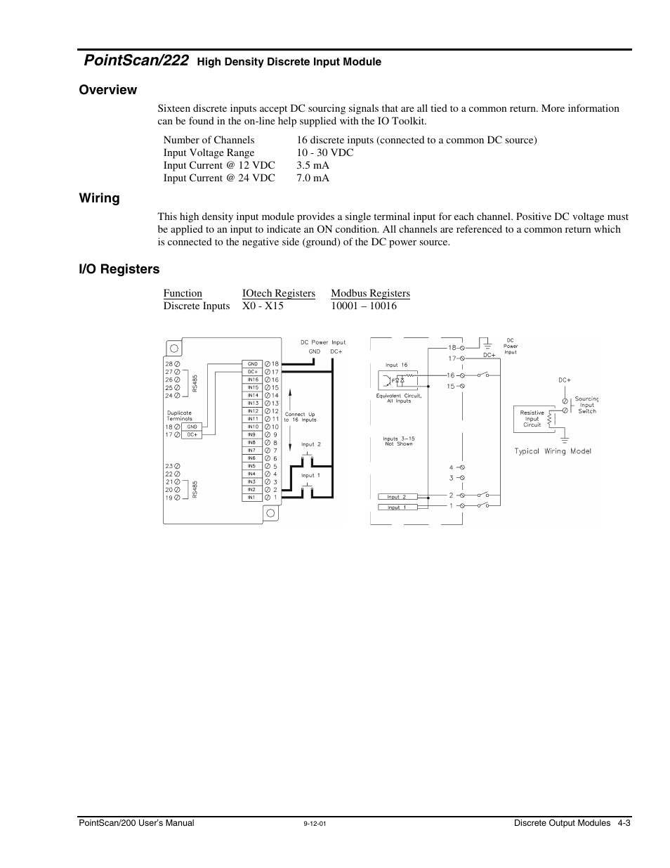 Pointscan/222, Overview, Wiring | I/o registers, High density discrete input, Module, Overview …… 4-3 wiring …… 4-3 i/o registers …… 4-3 | Measurement Computing PointScan 200 Series rev.1.0 User Manual | Page 21 / 36
