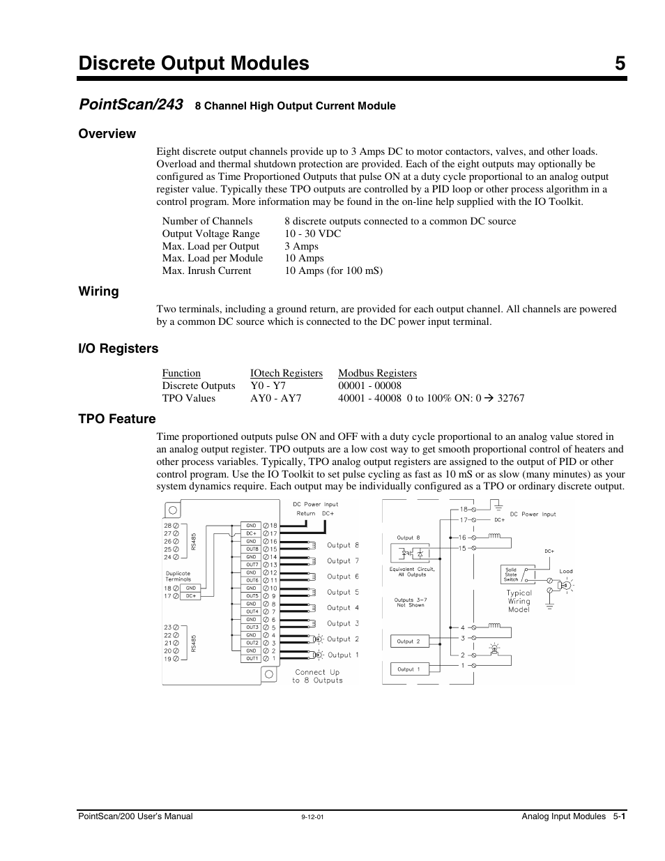 Ch 5 - discrete output modules, Pointscan/243, Overview | Wiring, I/o registers, Tpo feature, 5 - discrete output modules, 8 channel high output current, Module, Discrete output modules 5 | Measurement Computing PointScan 200 Series rev.1.0 User Manual | Page 23 / 36