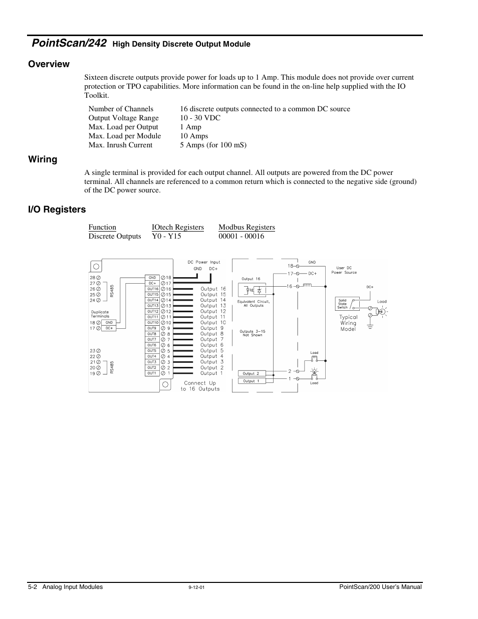 Pointscan/242, Overview, Wiring | I/o registers, High density discrete output, Module, Overview …… 5-2 wiring …… 5-2 i/o registers …… 5-2 | Measurement Computing PointScan 200 Series rev.1.0 User Manual | Page 24 / 36