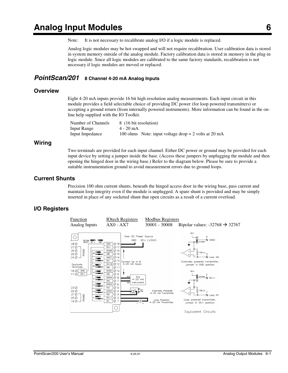 Ch 6 - analog input modules, Pointscan/201, Overview | Wiring, Current shunts, I/o registers, 6 - analog input modules, 8 channel 4-20 ma analog, Inputs, Analog input modules 6 | Measurement Computing PointScan 200 Series rev.1.0 User Manual | Page 25 / 36