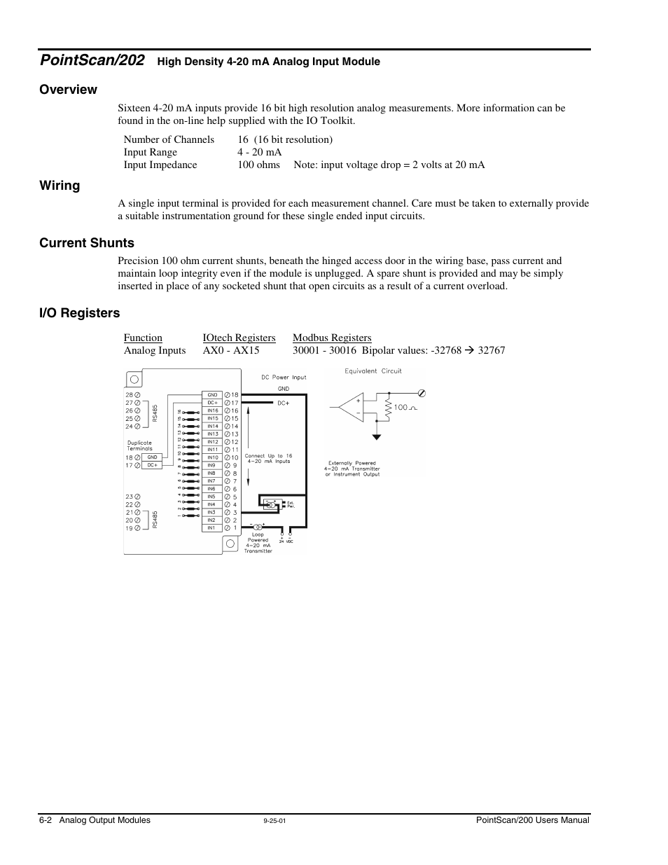 Pointscan/202, Overview, Wiring | Current shunts, I/o registers, High density 4-20 ma analog, Input module | Measurement Computing PointScan 200 Series rev.1.0 User Manual | Page 26 / 36