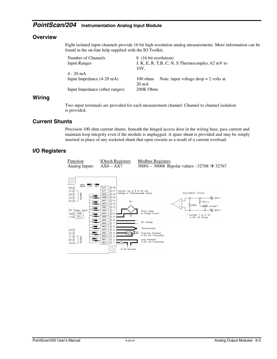 Pointscan/204, Overview, Wiring | Current shunts, I/o registers, Instrumentation analog input, Module | Measurement Computing PointScan 200 Series rev.1.0 User Manual | Page 27 / 36