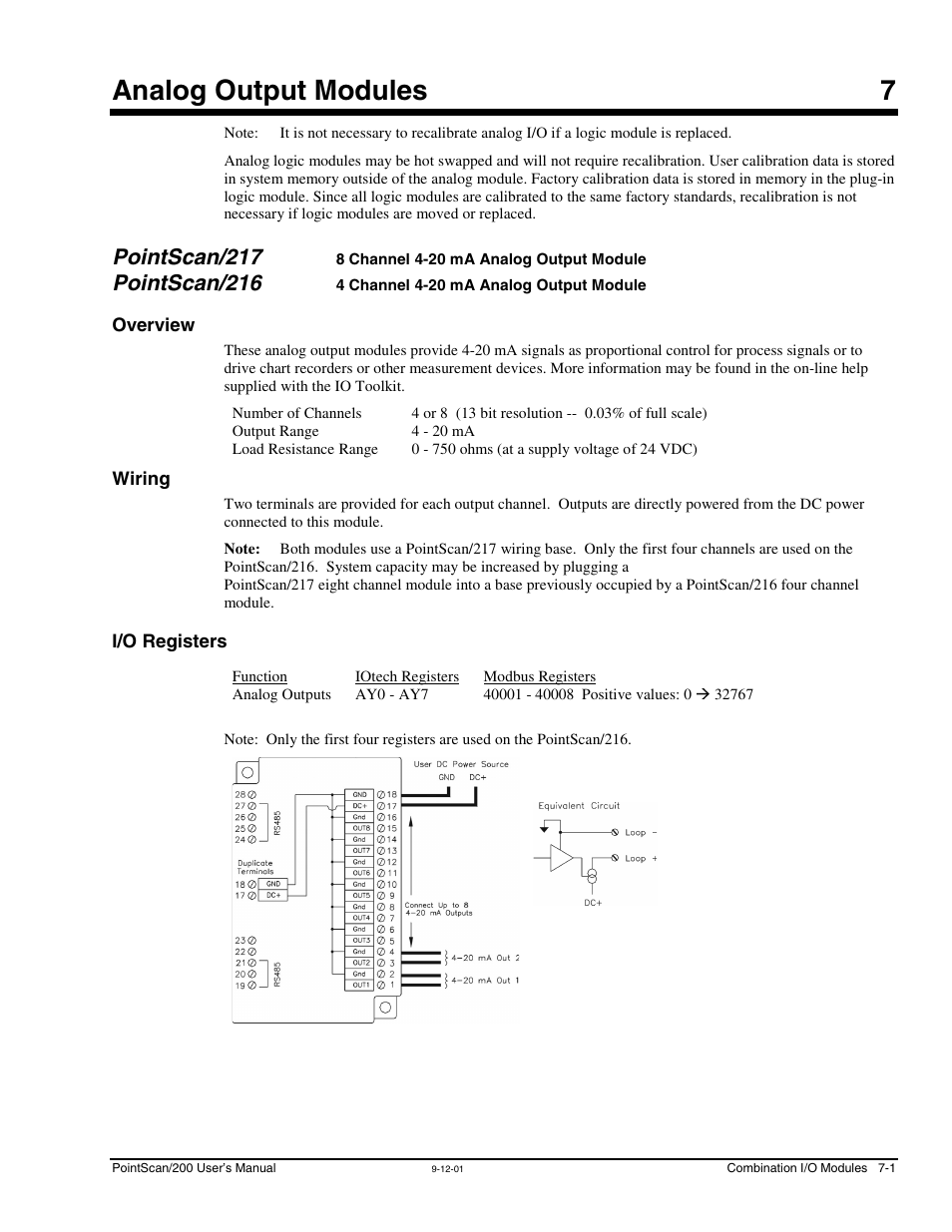 Ch 7 - analog output modules, Pointscan/217 & pointscan/216, Overview | Wiring, I/o registers, 7 - analog output modules, Pointscan/217, 8 channel 4-20 ma analog, Output module, Pointscan/216 | Measurement Computing PointScan 200 Series rev.1.0 User Manual | Page 29 / 36