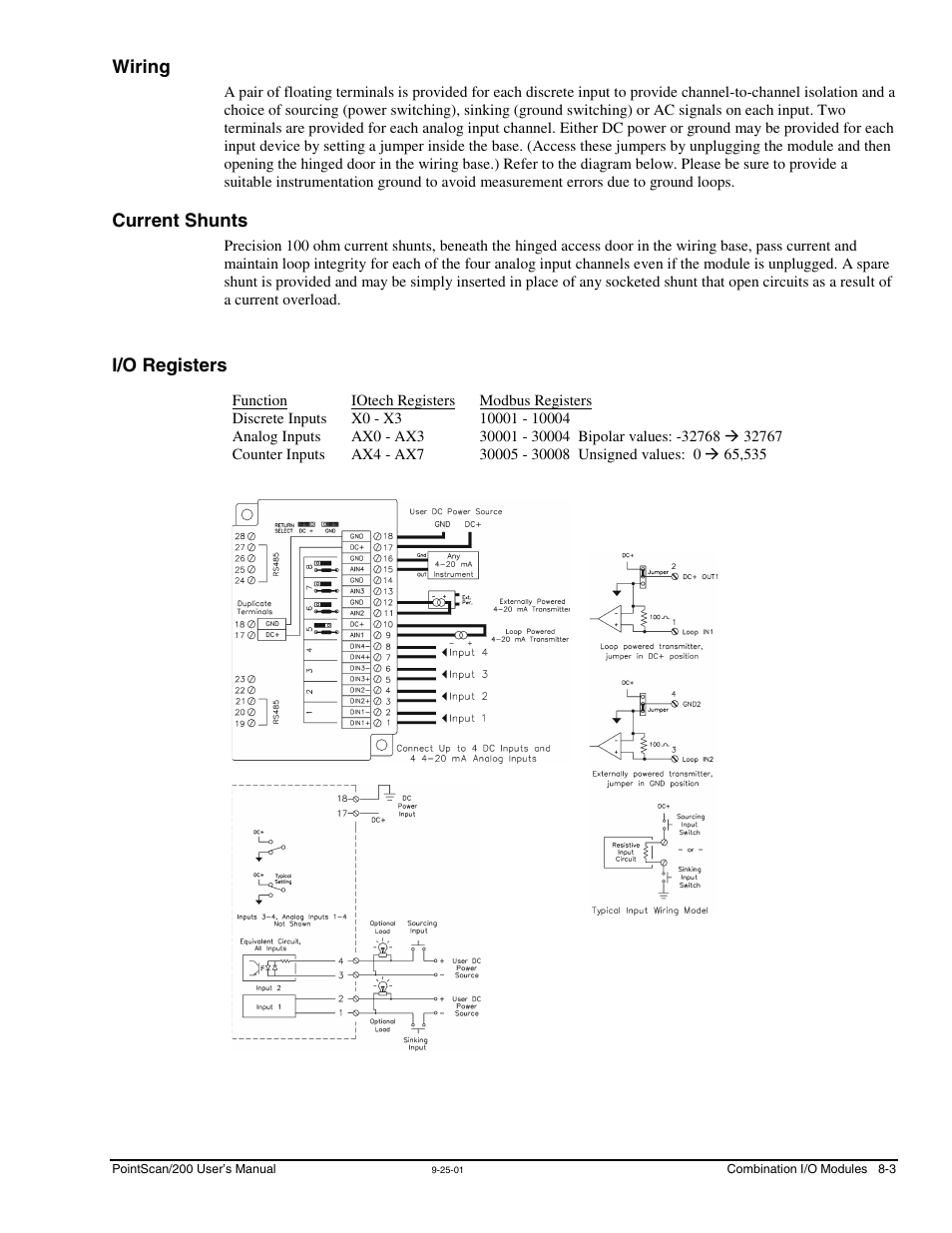 Wiring, Current shunts, I/o registers | Measurement Computing PointScan 200 Series rev.1.0 User Manual | Page 33 / 36