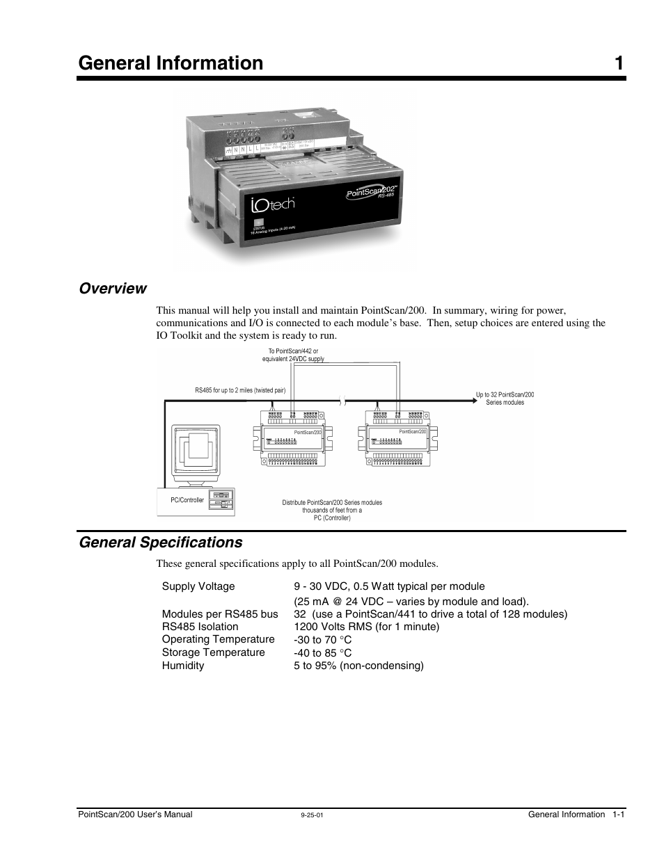Ch 1 - general information, Overview, General specifications | 1 - general information, Overview …… 1-1 general specifications …… 1-1, General information 1 | Measurement Computing PointScan 200 Series rev.1.0 User Manual | Page 7 / 36