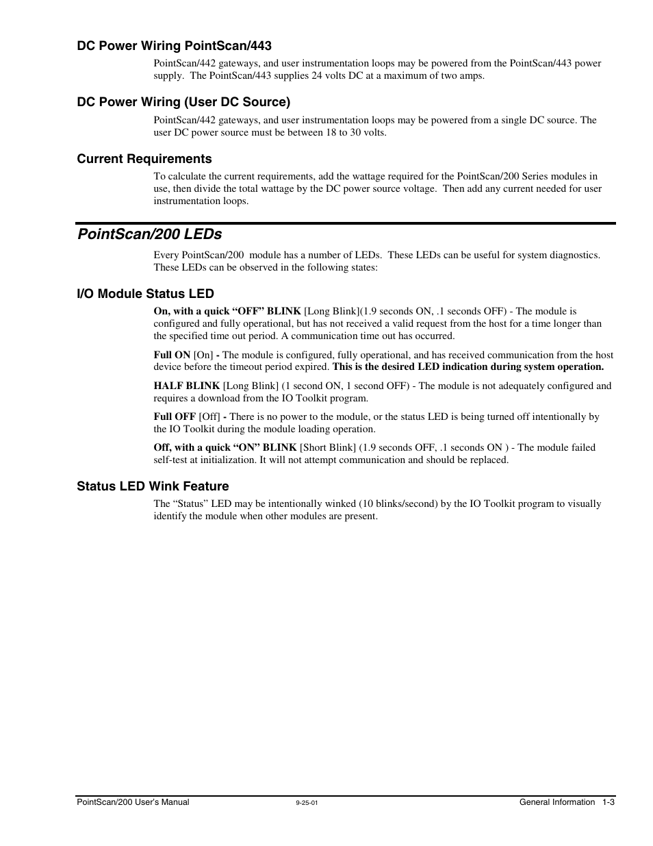 Dc power wiring pointscan/443, Dc power wiring (user dc source), Current requirements | Pointscan/200 leds, I/o module status led, Status led wink feature, Pointscan/200 leds …… 1-3 | Measurement Computing PointScan 200 Series rev.1.0 User Manual | Page 9 / 36