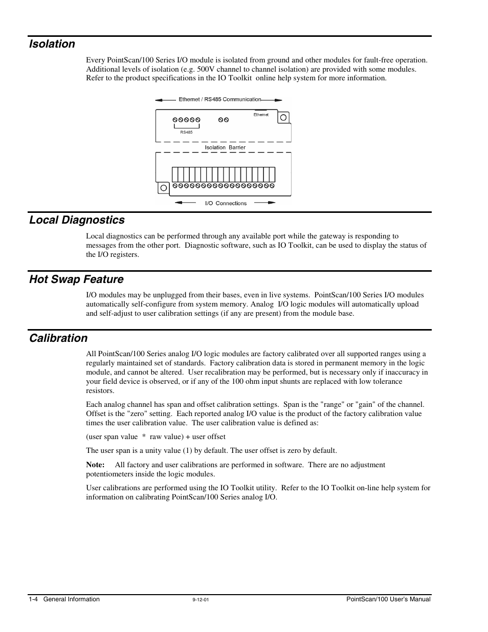 Isolation, Local diagnostics, Hot swap feature | Calibration | Measurement Computing PointScan 100 Series rev.1.0 User Manual | Page 10 / 32