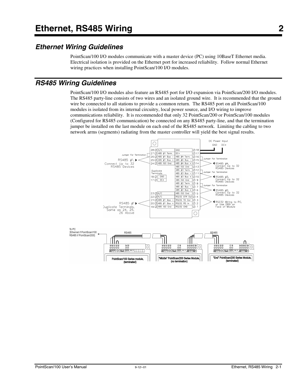 Ch 2 - ethernet, rs485 wiring, Ethernet wiring guidelines, Rs485 wiring guidelines | 2 - ethernet, rs485 wiring, Ethernet, rs485 wiring 2 | Measurement Computing PointScan 100 Series rev.1.0 User Manual | Page 13 / 32