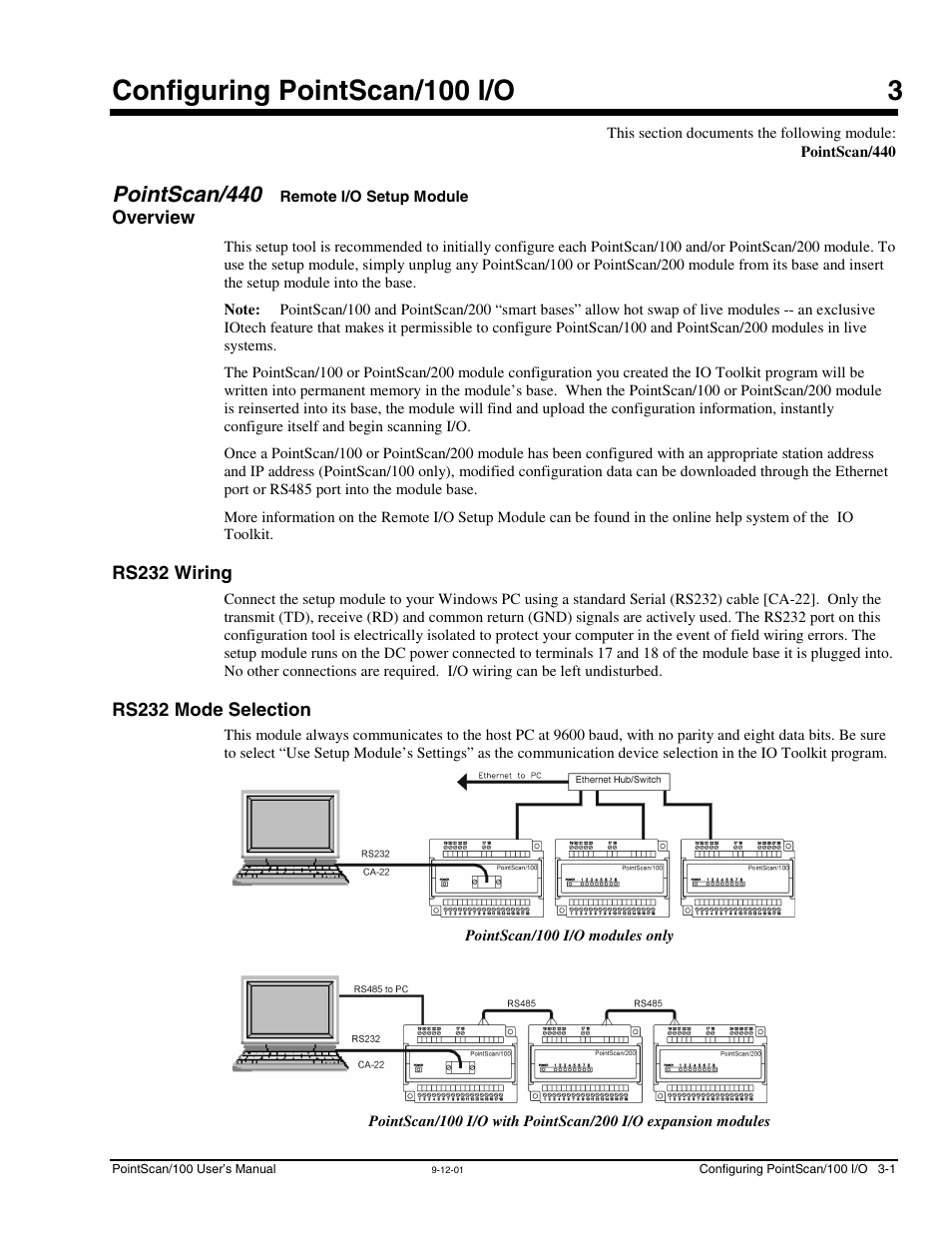 Ch 3 - configuring pointscan/100 i/o, Pointscan/440 remote i/o setup module, Overview | Rs232 wiring, Rs232 mode selection, 3 - configuring pointscan/100 i/o, Pointscan/440, Remote i/o setup module, Rs232 wiring -1 rs232 mode selection -2, Configuring pointscan/100 i/o 3 | Measurement Computing PointScan 100 Series rev.1.0 User Manual | Page 17 / 32
