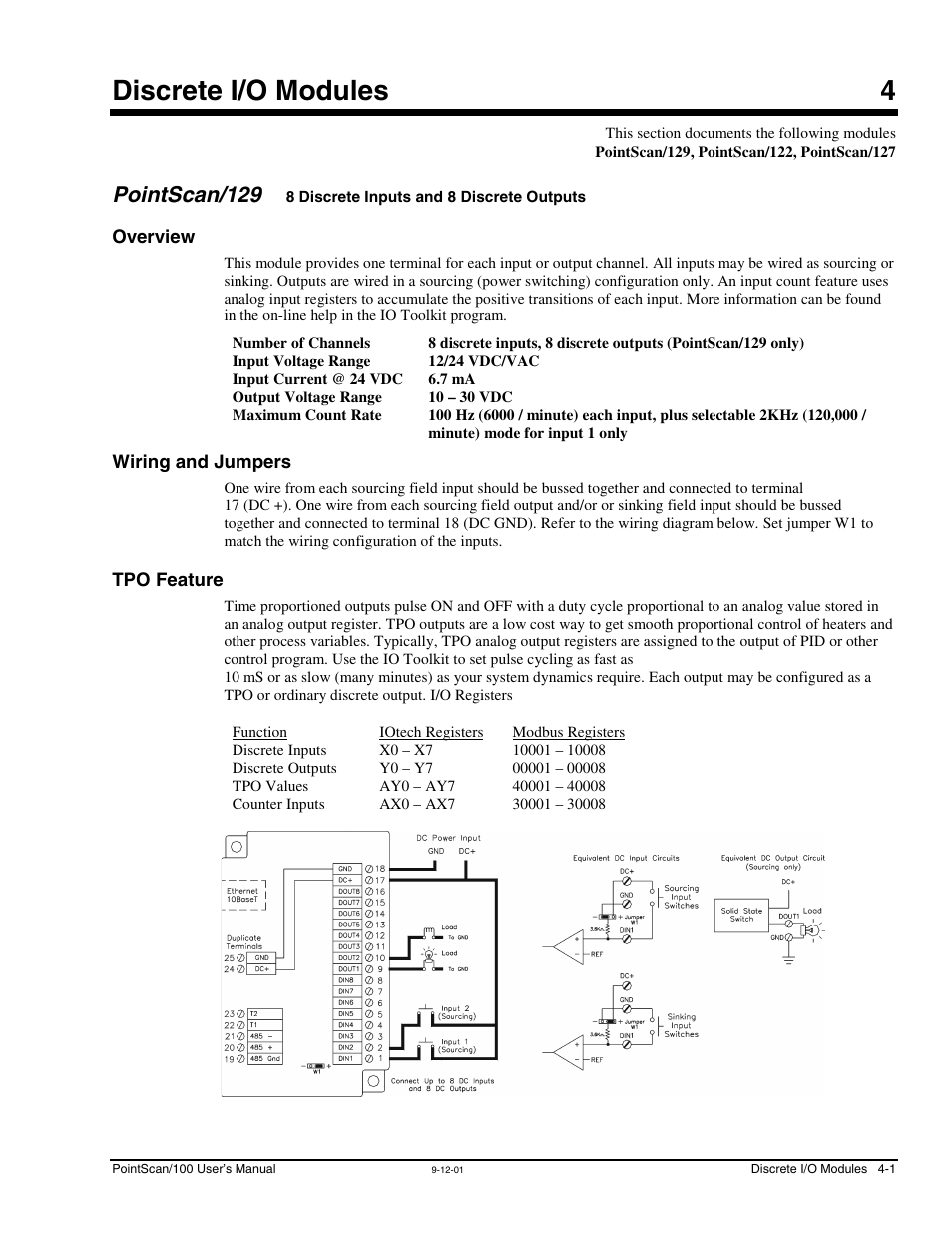Ch 4 - discrete i/o modules, Pointscan/129, Overview | Wiring and jumpers, Tpo feature, 4 - discrete i/o modules, 8 discrete inputs and, 8 discrete outputs, Overview -1 wiring and jumpers -1 tpo feature -1, Discrete i/o modules 4 | Measurement Computing PointScan 100 Series rev.1.0 User Manual | Page 19 / 32