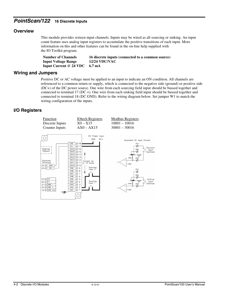 Pointscan/122, Overview, Wiring and jumpers | I/o registers, 16 discrete inputs, Overview -2 wiring and jumpers -2 i/o registers -2 | Measurement Computing PointScan 100 Series rev.1.0 User Manual | Page 20 / 32