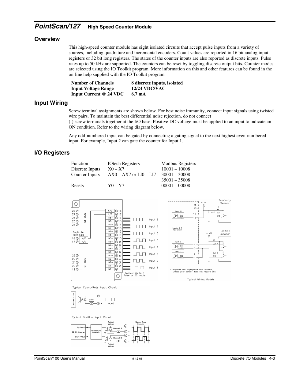 Pointscan/127, Overview, Input wiring | I/o registers, High speed counter, Module, Overview -3 input wiring -3 i/o registers -3 | Measurement Computing PointScan 100 Series rev.1.0 User Manual | Page 21 / 32