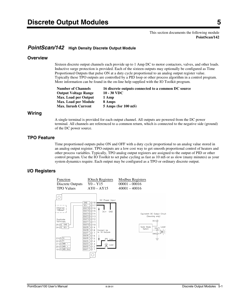 Ch 5 - discrete output modules, Pointscan/142, Overview | Wiring, Tpo feature, I/o registers, 5 - discrete output modules, High density discrete output, Module, Discrete output modules 5 | Measurement Computing PointScan 100 Series rev.1.0 User Manual | Page 23 / 32