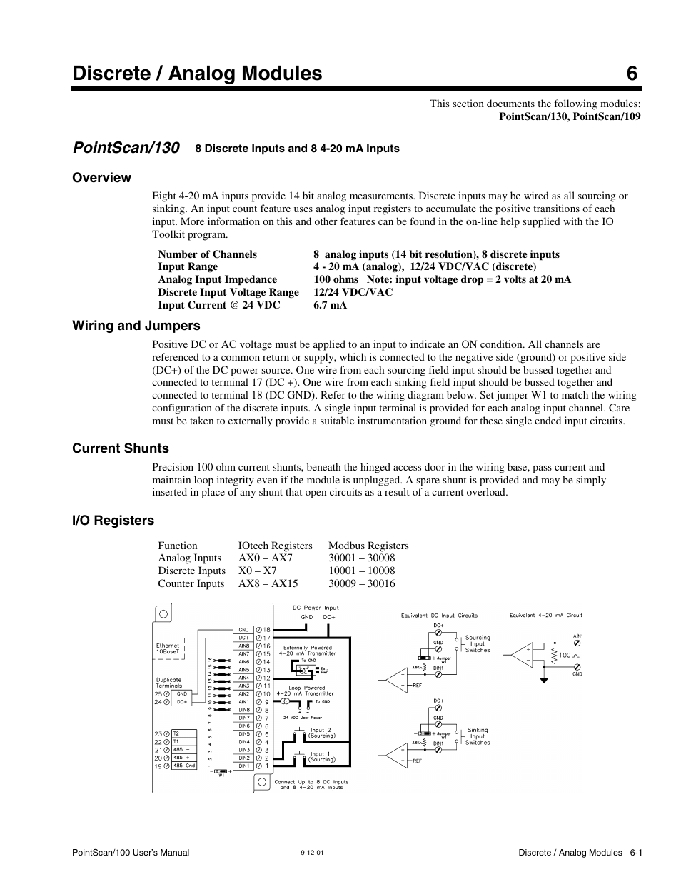 Ch 6 - discrete / analog modules, Pointscan/130, Overview | Wiring and jumpers, Current shunts, I/o registers, 6 - discrete / analog modules, 8 discrete inputs and, 8 4-20 ma inputs, Discrete / analog modules 6 | Measurement Computing PointScan 100 Series rev.1.0 User Manual | Page 25 / 32