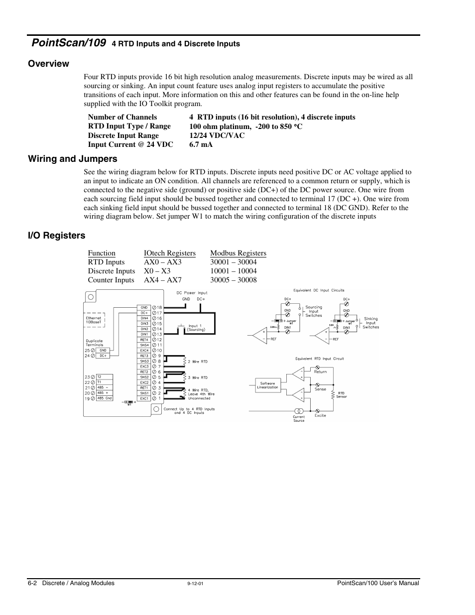 Pointscan/109, Overview, Wiring and jumpers | I/o registers, 4 rtd inputs and, 4 discrete inputs, Overview -2 wiring and jumpers -2 i/o registers -2 | Measurement Computing PointScan 100 Series rev.1.0 User Manual | Page 26 / 32