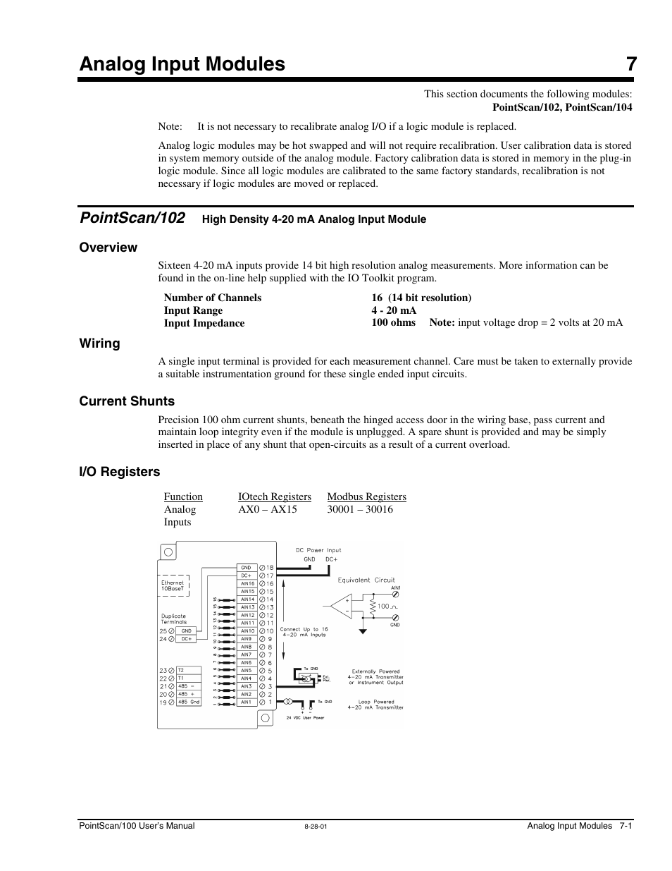 Ch 7 - analog input modules, Pointscan/102, Overview | Wiring, Current shunts, I/o registers, 7 - analog input modules, High density 4-20 ma analog, Input module, Wiring -2 | Measurement Computing PointScan 100 Series rev.1.0 User Manual | Page 27 / 32