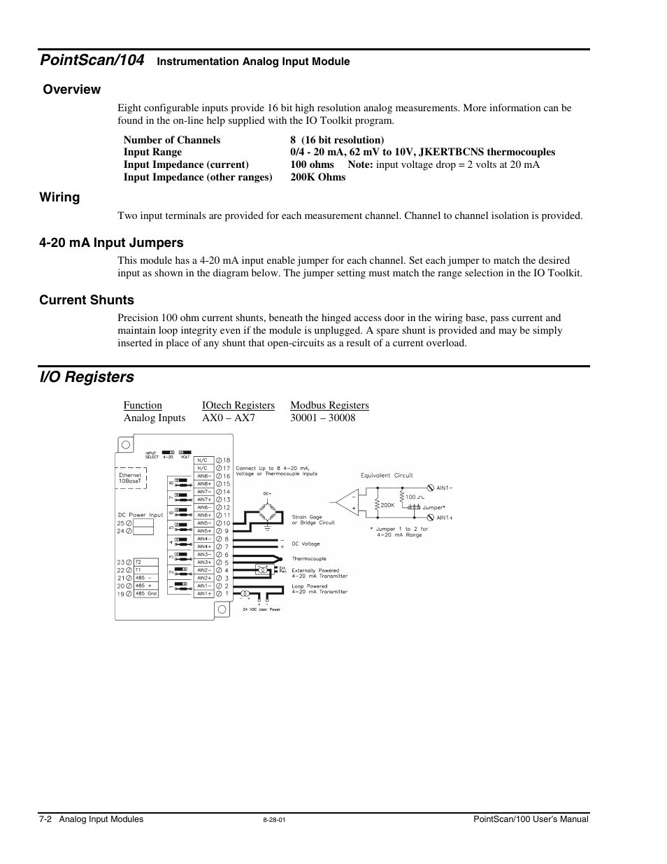 Pointscan/104, Overview, Wiring | 20 ma input jumpers, Current shunts, I/o registers, Instrumentation analog, Input module, Overview -2, 20 ma input jumpers -2 current shunts -2 | Measurement Computing PointScan 100 Series rev.1.0 User Manual | Page 28 / 32