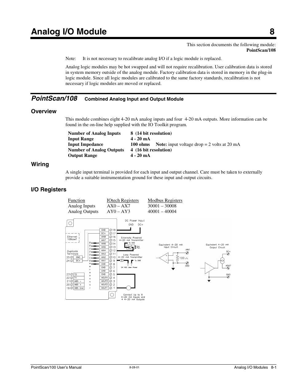 Ch 8 - analog i/o module, Pointscan/108, Overview | Wiring, I/o registers, 8 - analog i/o module, Combined analog input and, Output module, Overview -1 wiring -1 i/o registers -1, Analog i/o module 8 | Measurement Computing PointScan 100 Series rev.1.0 User Manual | Page 29 / 32