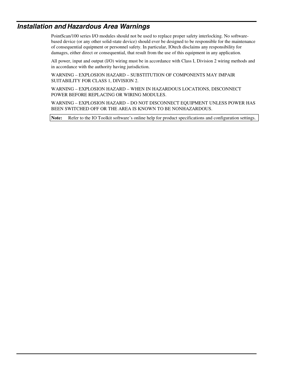Installation and hazardous area warnings, Installation and, Hazardous area warnings | Measurement Computing PointScan 100 Series rev.1.0 User Manual | Page 4 / 32
