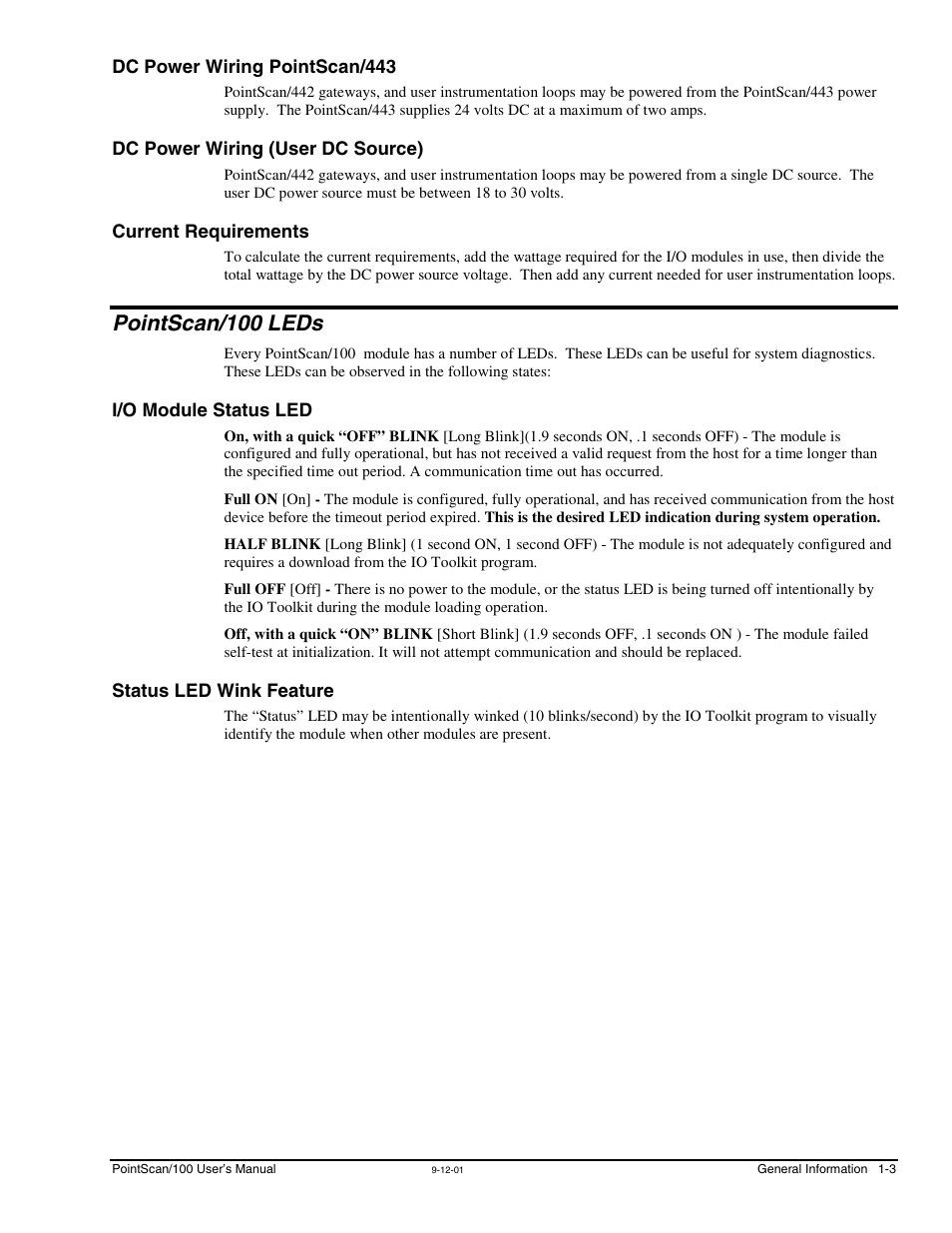 Dc power wiring pointscan/443, Dc power wiring (user dc source), Current requirements | Pointscan/100 leds, I/o module status led, Status led wink feature, Pointscan/100 leds -3 | Measurement Computing PointScan 100 Series rev.1.0 User Manual | Page 9 / 32