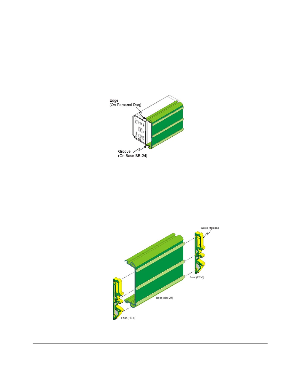 Mount personal daq modules to din rail (option), 1) mount personal daq module to base (br-24), 2) attach feet (fe-8) to base (br-24) | Measurement Computing Personal Daq rev.6.0 User Manual | Page 11 / 170