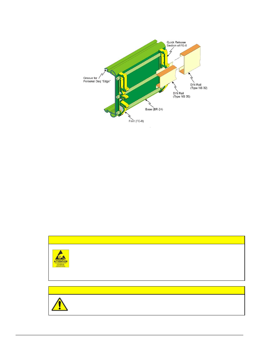Connect pdq module (option), Removing units from a type ns 35 din rail, Removing units from a type ns 32 din rail | Connect pdq module (option) caution, Caution | Measurement Computing Personal Daq rev.6.0 User Manual | Page 12 / 170