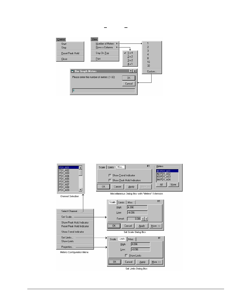 Meter pull-down menus, Meters configuration menu | Measurement Computing Personal Daq rev.6.0 User Manual | Page 63 / 170