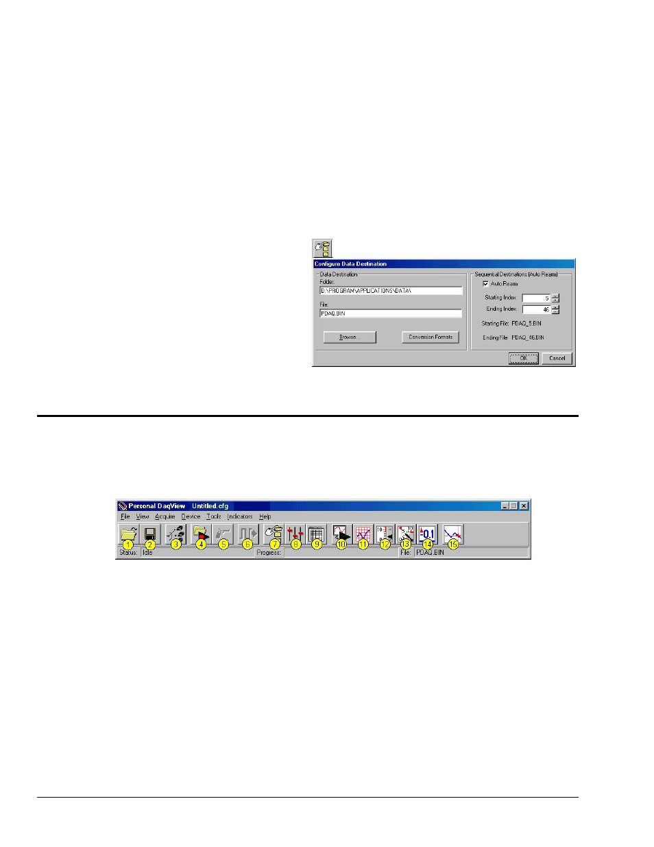 Data destination configuration, 5) collect data, 4c) data destination configuration | Measurement Computing Personal Daq rev.6.0 Quick Start User Manual | Page 10 / 12