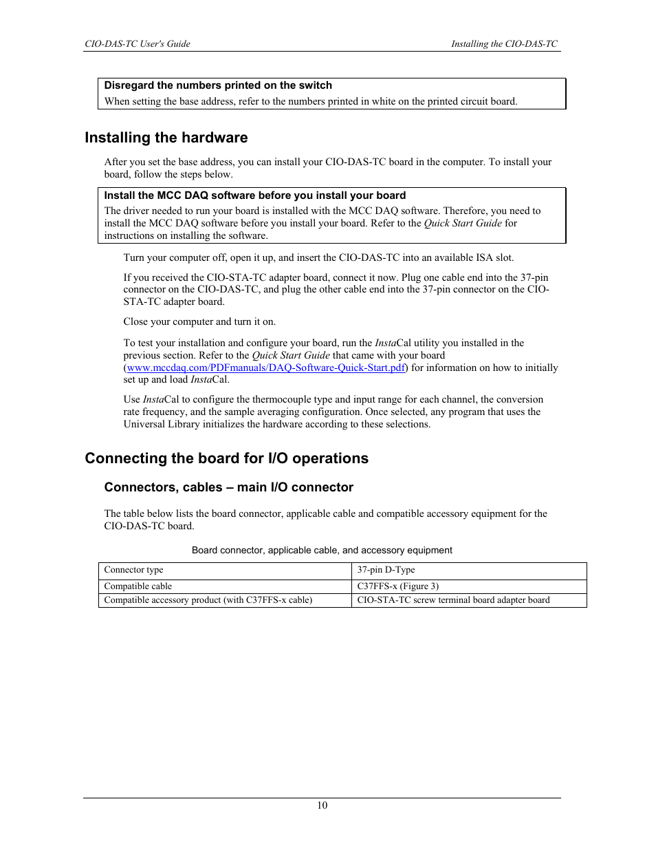 Installing the hardware, Connecting the board for i/o operations | Measurement Computing CIO-DAS-TC User Manual | Page 10 / 18