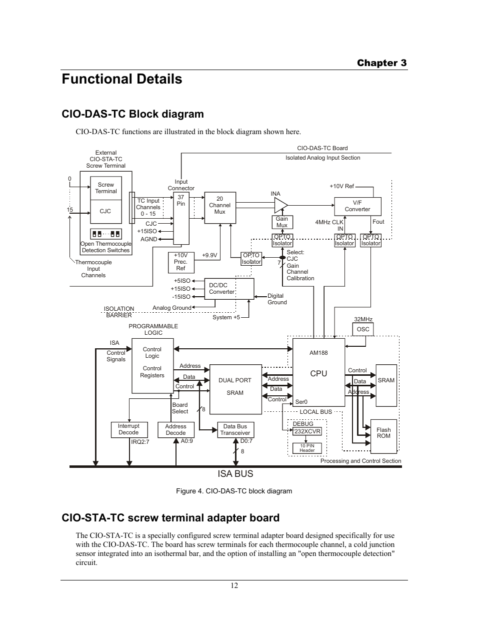 Functional details, Cio-das-tc block diagram, Cio-sta-tc screw terminal adapter board | Chapter 3, Isa bus | Measurement Computing CIO-DAS-TC User Manual | Page 12 / 18