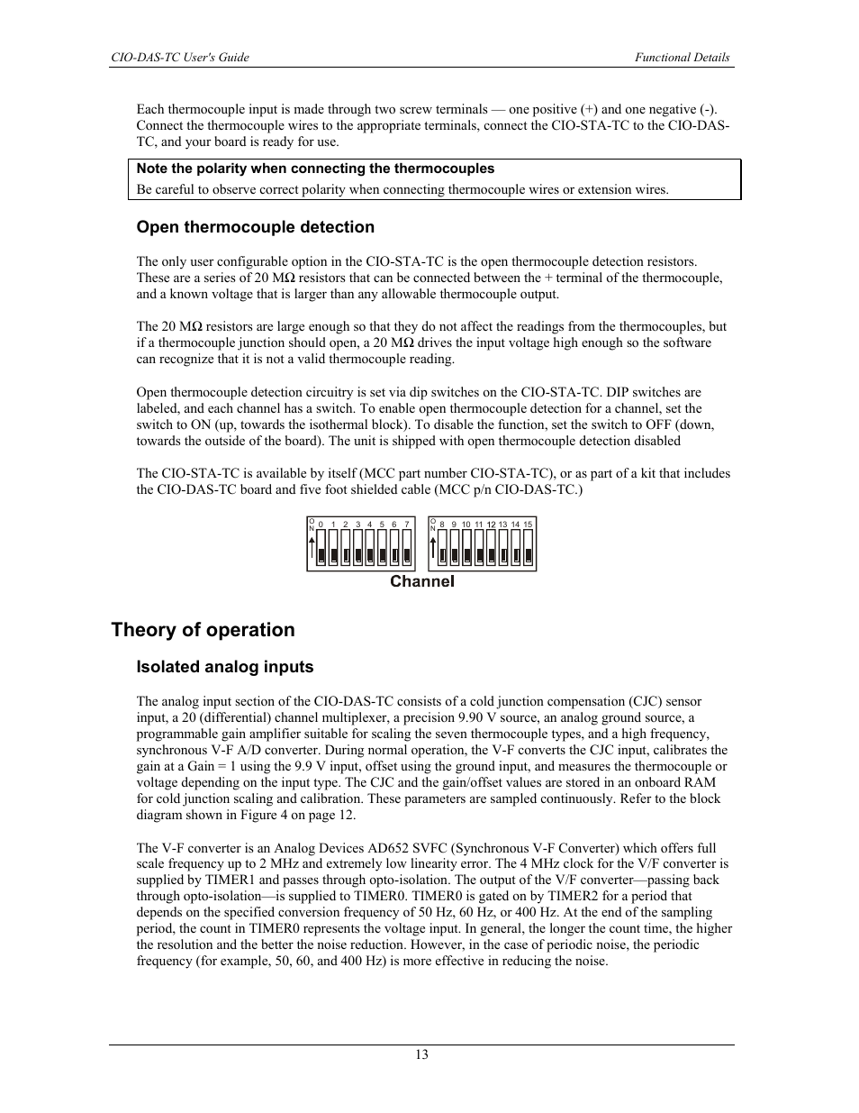 Theory of operation, Open thermocouple detection, Isolated analog inputs | Measurement Computing CIO-DAS-TC User Manual | Page 13 / 18
