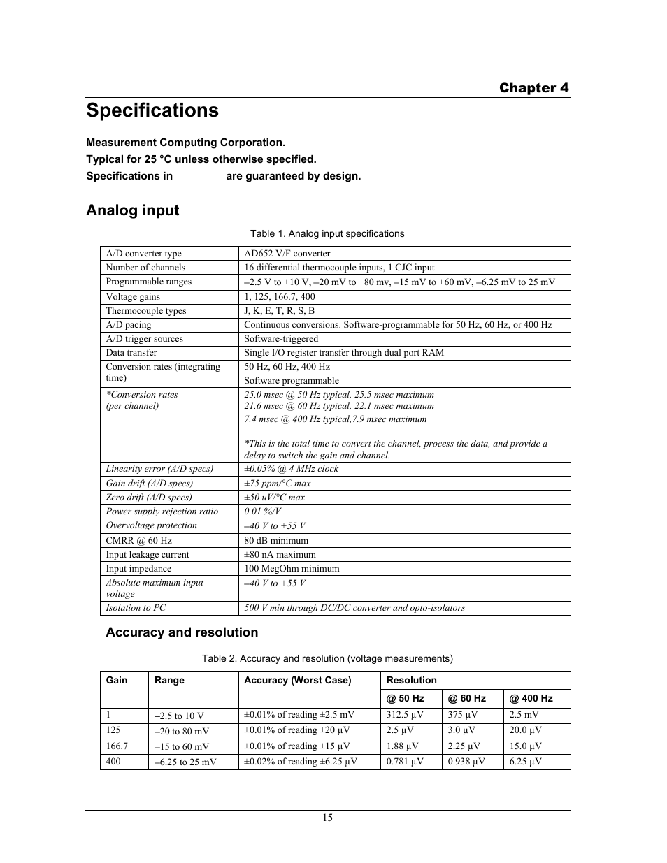 Specifications, Analog input, Chapter 4 | Accuracy and resolution | Measurement Computing CIO-DAS-TC User Manual | Page 15 / 18