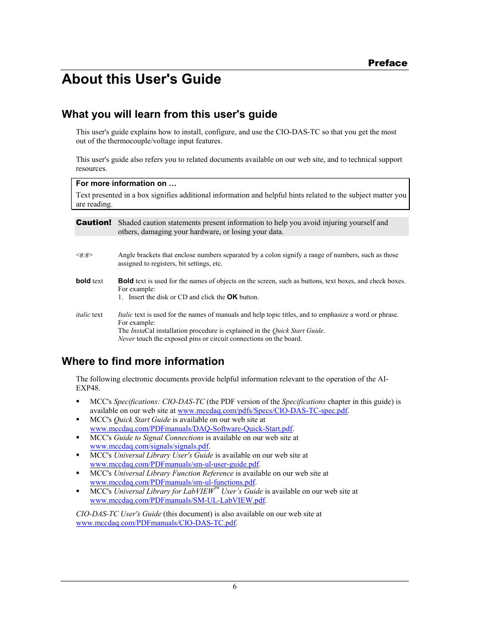 About this user's guide, What you will learn from this user's guide, Where to find more information | Measurement Computing CIO-DAS-TC User Manual | Page 6 / 18