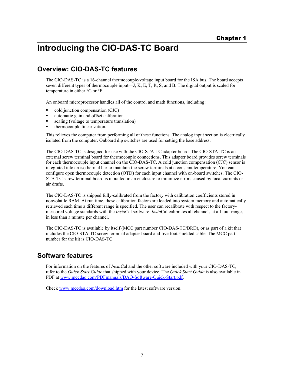 Introducing the cio-das-tc board, Overview: cio-das-tc features, Software features | Measurement Computing CIO-DAS-TC User Manual | Page 7 / 18