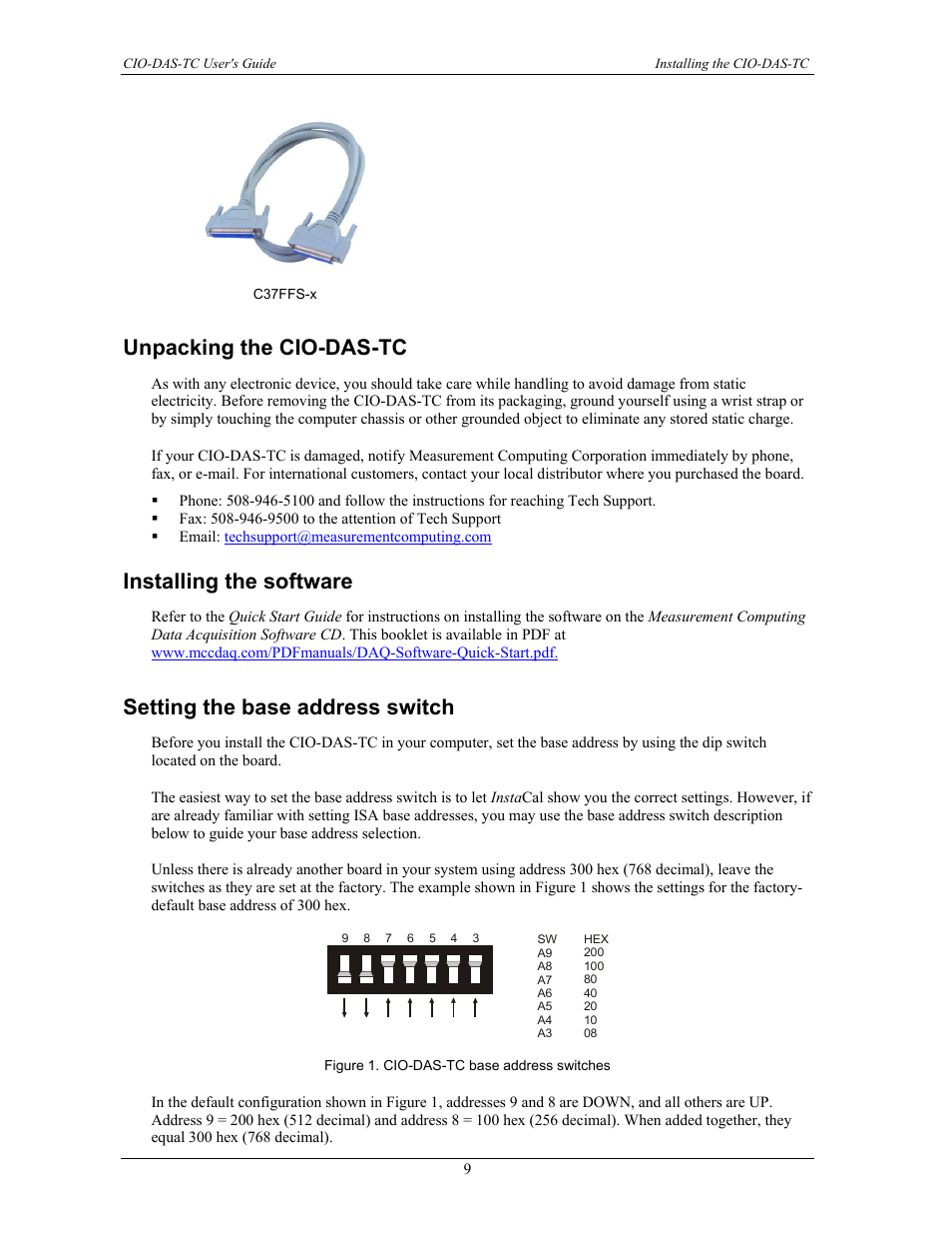 Unpacking the cio-das-tc, Installing the software, Setting the base address switch | Measurement Computing CIO-DAS-TC User Manual | Page 9 / 18